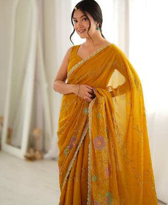Yellow color star georgette fabric smart work designer graceful saree 3
