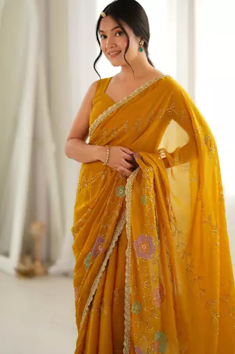 yellow color star georgette fabric smart work designer graceful saree