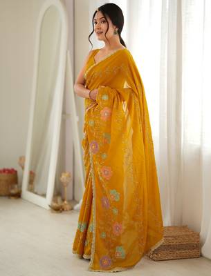 Yellow color star georgette fabric smart work designer graceful saree 4