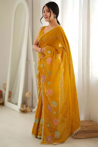 yellow color star georgette fabric smart work designer graceful saree