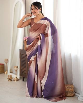 brown color tissue fabric smart printed saree with beautiful border work 1