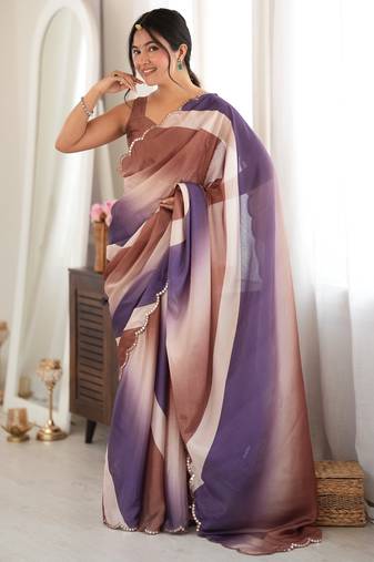 Brown color chinon fabric smart printed saree with beautiful border work