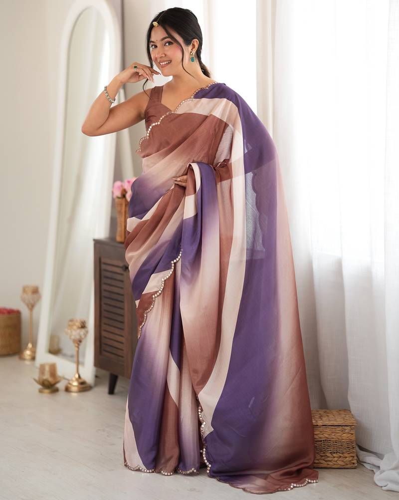 Brown color chinon fabric smart printed saree with beautiful border work