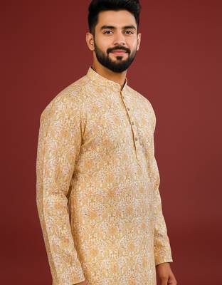 Gold color beautiful kurta payjama for handsome men's looks 3