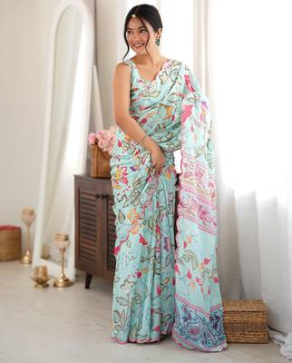 Sea green color chinon fabric smart printed saree with beautiful border work 1