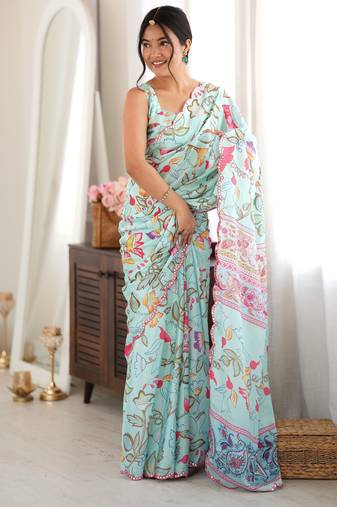 Sea green color chinon fabric smart printed saree with beautiful border work