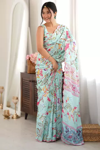 sea green color tissue fabric smart printed saree with beautiful border work
