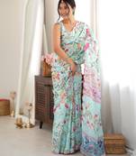 Sea green color chinon fabric smart printed saree with beautiful border work