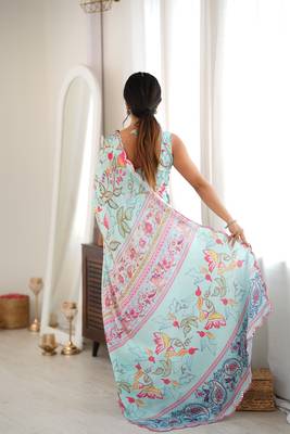 Sea green color chinon fabric smart printed saree with beautiful border work 2