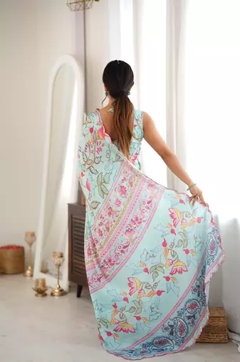 sea green color tissue fabric smart printed saree with beautiful border work