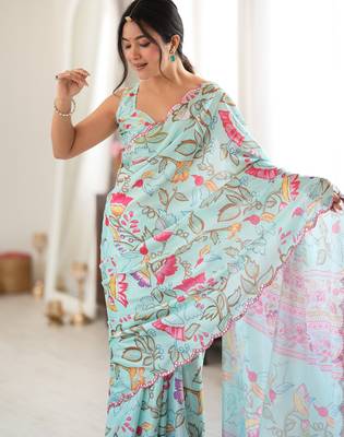 Sea green color chinon fabric smart printed saree with beautiful border work 3