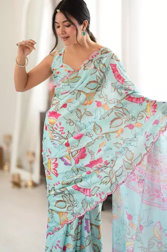 sea green color tissue fabric smart printed saree with beautiful border work