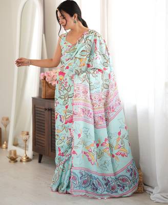 Sea green color chinon fabric smart printed saree with beautiful border work 4