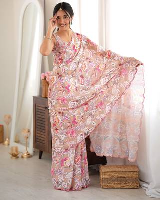 Peach color chinon fabric smart printed saree with beautiful border work 1
