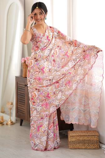 Peach color chinon fabric smart printed saree with beautiful border work