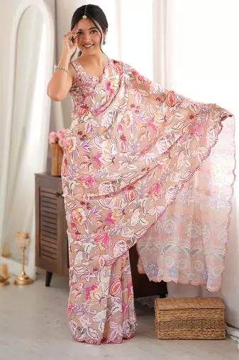 peach color tissue fabric smart printed saree with beautiful border work