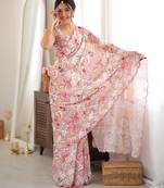 Peach color chinon fabric smart printed saree with beautiful border work
