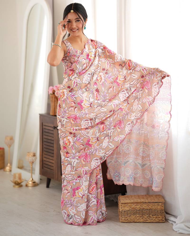 Peach color chinon fabric smart printed saree with beautiful border work