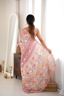 Peach color chinon fabric smart printed saree with beautiful border work 2