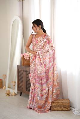 Peach color chinon fabric smart printed saree with beautiful border work 4