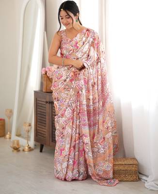 Peach color chinon fabric smart printed saree with beautiful border work 5