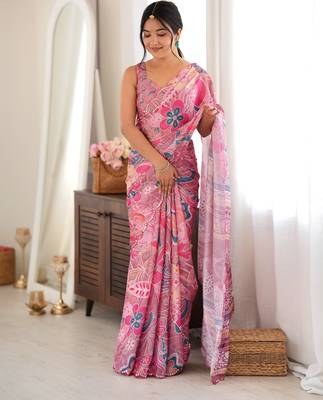 Pink color chinon fabric smart printed saree with beautiful border work 1