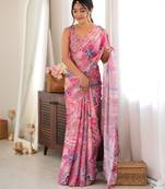 Pink color chinon fabric smart printed saree with beautiful border work
