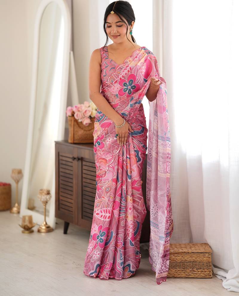 Pink color chinon fabric smart printed saree with beautiful border work