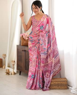 Pink color chinon fabric smart printed saree with beautiful border work 4