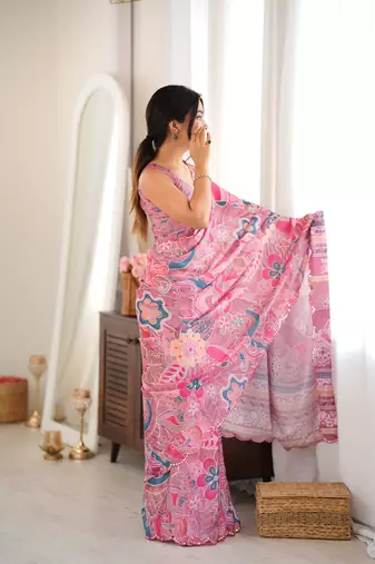 Pink color chinon fabric smart printed saree with beautiful border work