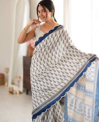 blue color tissue fabric smart printed saree with beautiful border work 3