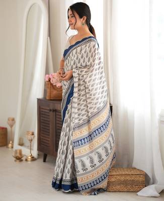 blue color tissue fabric smart printed saree with beautiful border work 4