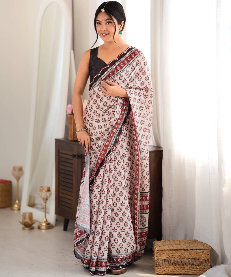 maroon color tissue fabric smart printed saree with beautiful border work