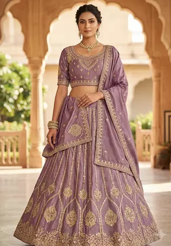 Purple silk embroidered lehenga choili 