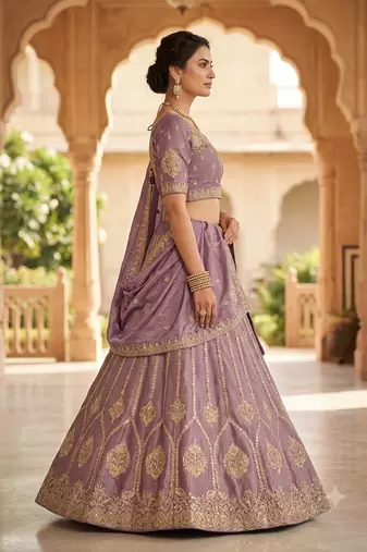 Purple silk embroidered lehenga choili 