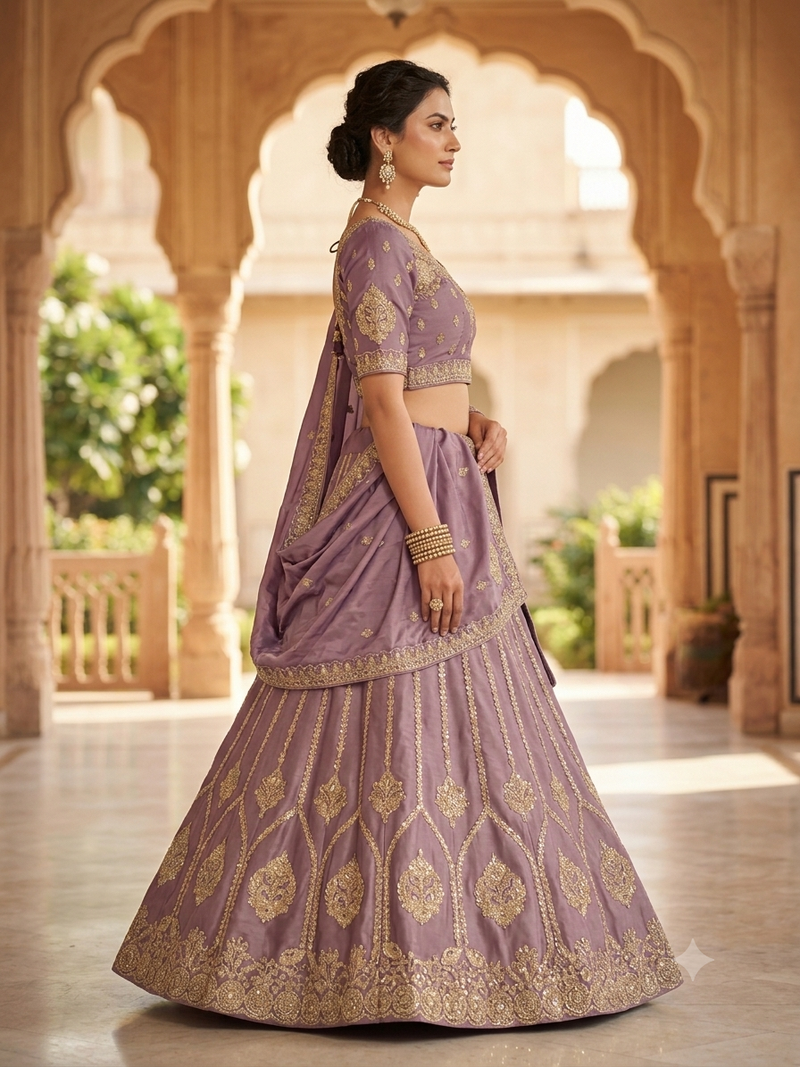 Purple silk embroidered lehenga choili 