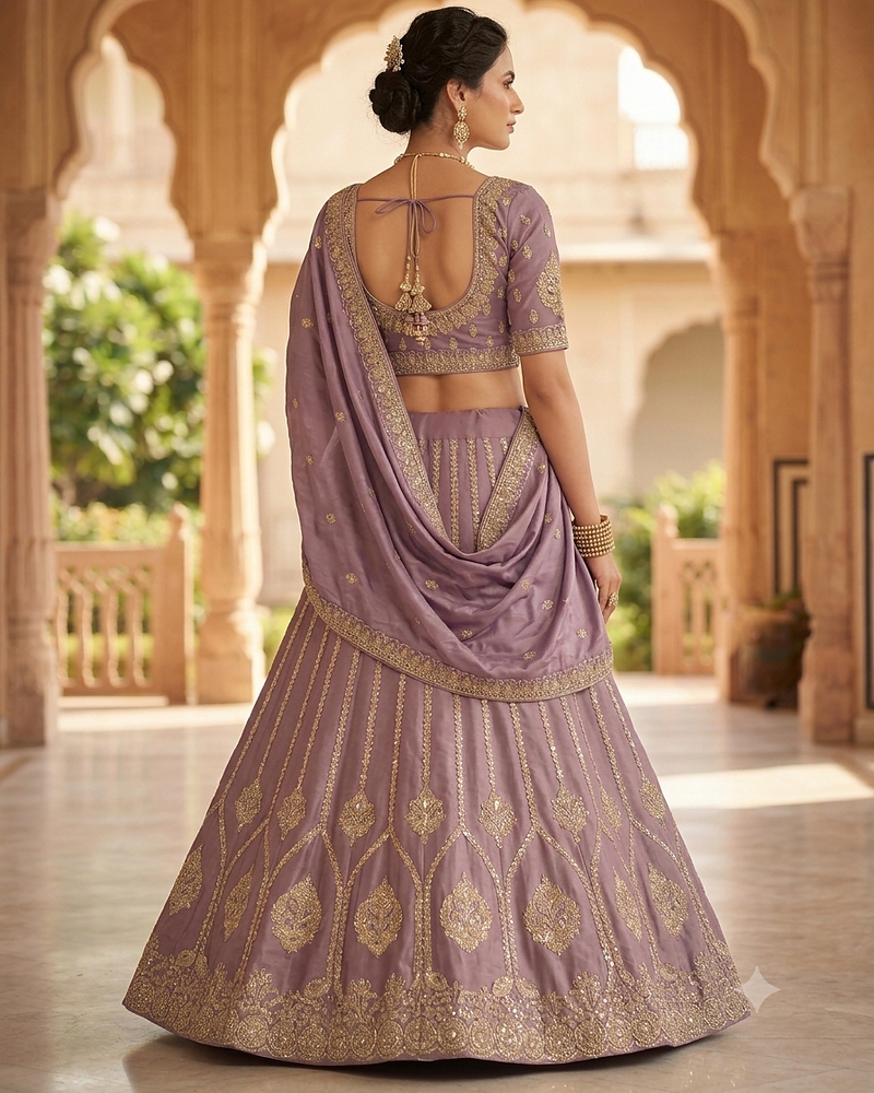 Purple silk embroidered lehenga choili 
