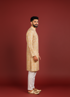 Gold color beautiful kurta payjama for handsome men's looks 4