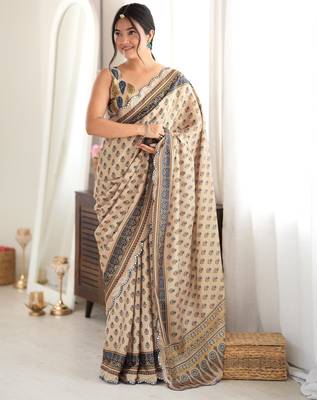 Beige color chinon fabric smart printed saree with beautiful border work 1