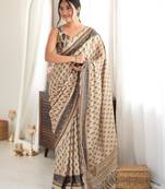 Beige color chinon fabric smart printed saree with beautiful border work
