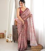 Brown color chinon fabric smart printed saree with beautiful border work