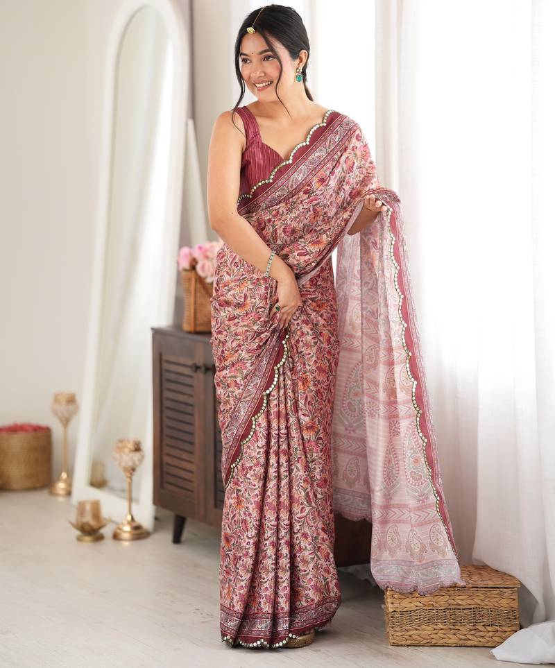 Brown color chinon fabric smart printed saree with beautiful border work