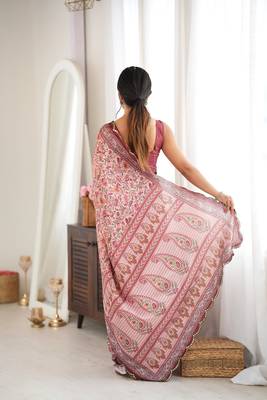 Brown color chinon fabric smart printed saree with beautiful border work 2