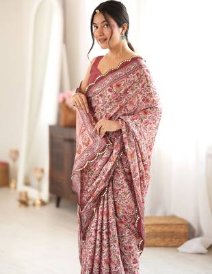 Brown color chinon fabric smart printed saree with beautiful border work 3