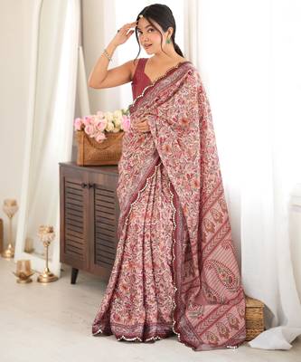 Brown color chinon fabric smart printed saree with beautiful border work 4