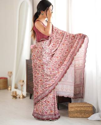 Brown color chinon fabric smart printed saree with beautiful border work 5