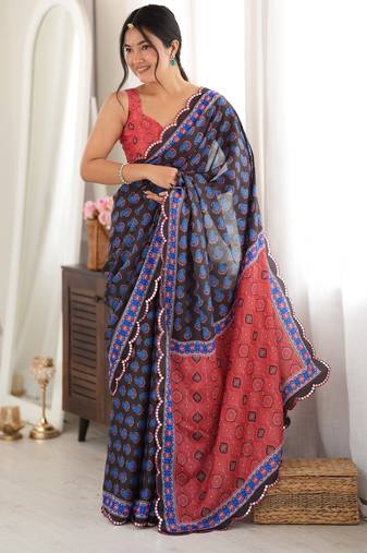 black color tissue fabric smart printed saree with beautiful border work