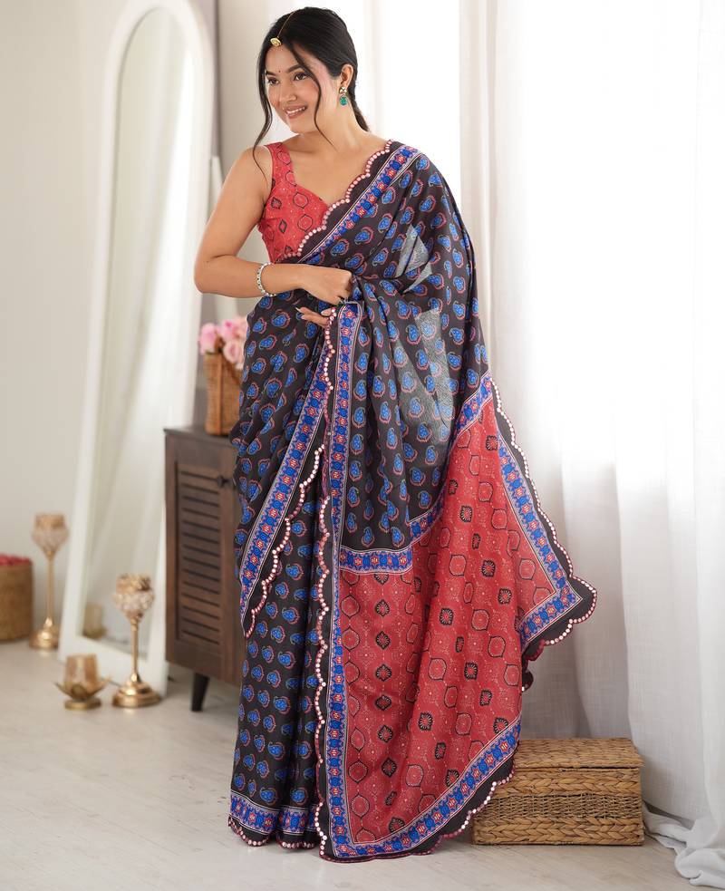black color tissue fabric smart printed saree with beautiful border work