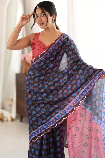 black color tissue fabric smart printed saree with beautiful border work