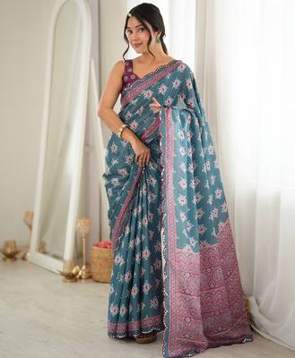 green color tissue fabric smart printed saree with beautiful border work 1